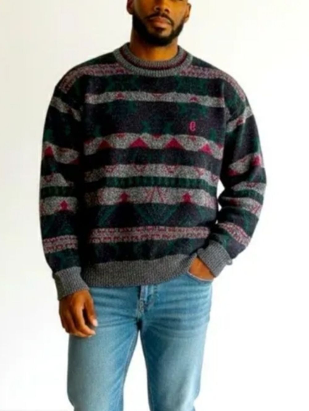 Conte of Florence Vintage Red Gray Wool Intarsia Crewneck Sweater Size Medium